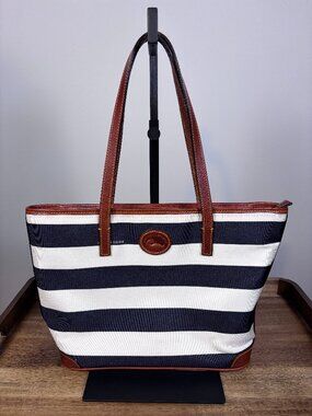 Dooney & Bourke Charleston Navy Blue White Stripe Canvas Shopper Tote